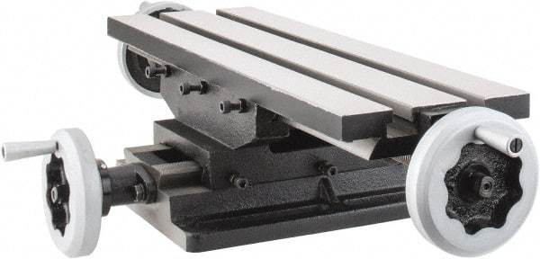 Interstate - 6" Table Width x 19 Table Length, 7-1/2" Cross Travel x 11" Longitudinal Travel, Slide Machining Table - 5" Overall Height, Two 9/16" Longitudinal T Slots, 10-1/2" Base Length x 8" Base Width - Benchmark Tooling