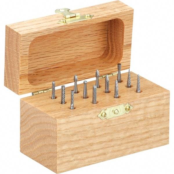 Made in USA - 12 Piece, 1/4" Shank Burr Set - Tungsten Carbide - Benchmark Tooling