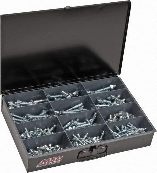 Value Collection - 290 Piece, 1/4 to 1/2" Screw, Steel Anchor Assortment - Zinc Plated, 1-3/4 to 5-1/2" Long - Benchmark Tooling