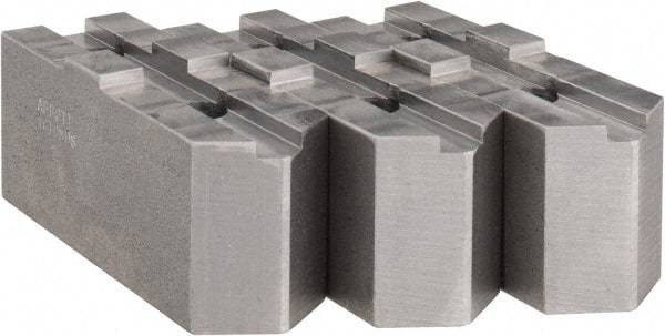 Abbott Workholding Products - 10" & Up Chuck Capacity, Tongue & Groove Attachment, Square Soft Lathe Chuck Jaw - 3 Jaws, Steel, 2-1/8" Btw Mount Hole Ctrs, 4-1/2" Long x 1-1/2" Wide x 2" High, 1/2" Groove, 1/2" Fastener - Benchmark Tooling