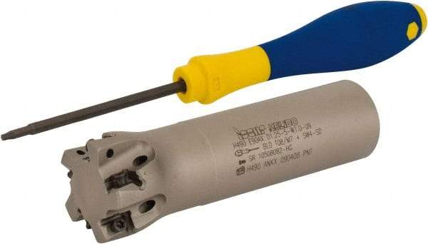 Iscar - 1-1/4" Cut Diam, 0.315" Max Depth of Cut, 1" Shank Diam, 4" OAL, Indexable Square Shoulder Helical End Mill - H490 AN.X 09 Inserts, Weldon Shank, 90° Lead Angle, Through Coolant, Series Helido - Benchmark Tooling