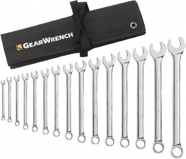 GearWrench - 15 Piece, 5/16" to 1-1/4", 12 Point Combination Wrench Set - Inch Measurement Standard, Chrome Finish, Comes in Roll - Benchmark Tooling