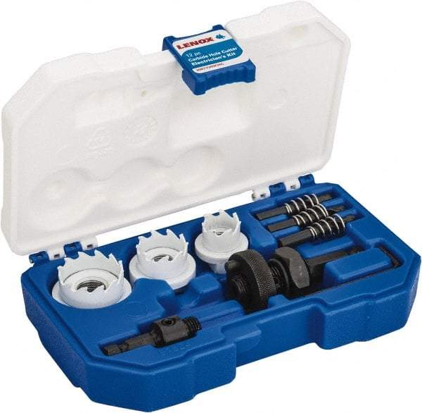 Lenox - 12 Piece, 7/8" to 1-3/8" Saw Diam, Electrician's Hole Saw Kit - Carbide-Tipped, Toothed Edge, Includes 3 Hole Saws - Benchmark Tooling