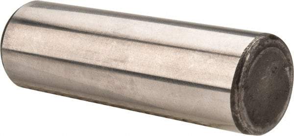 Made in USA - 5/8" Diam x 2" Pin Length Grade 8 Alloy Steel Standard Dowel Pin - Bright Finish, C 47-58 & C 60 (Surface) Hardness, 46,000 Lb (Single Shear), 92,000 Lb (Double Shear) Breaking Strength, 1 Beveled & 1 Rounded End - Benchmark Tooling