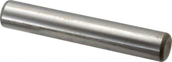 Made in USA - 3/4" Diam x 4-1/2" Pin Length Grade 8 Alloy Steel Standard Dowel Pin - Bright Finish, C 47-58 & C 60 (Surface) Hardness, 132,400 Lb (Double Shear), 66,200 Lb (Single Shear) Breaking Strength, 1 Beveled & 1 Rounded End - Benchmark Tooling