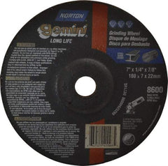 Norton - 7" Wheel Diam, 1/4" Wheel Thickness, 7/8" Arbor Hole, Type 27 Depressed Center Wheel - Aluminum Oxide, 8,600 Max RPM, Compatible with Angle Grinder - Benchmark Tooling