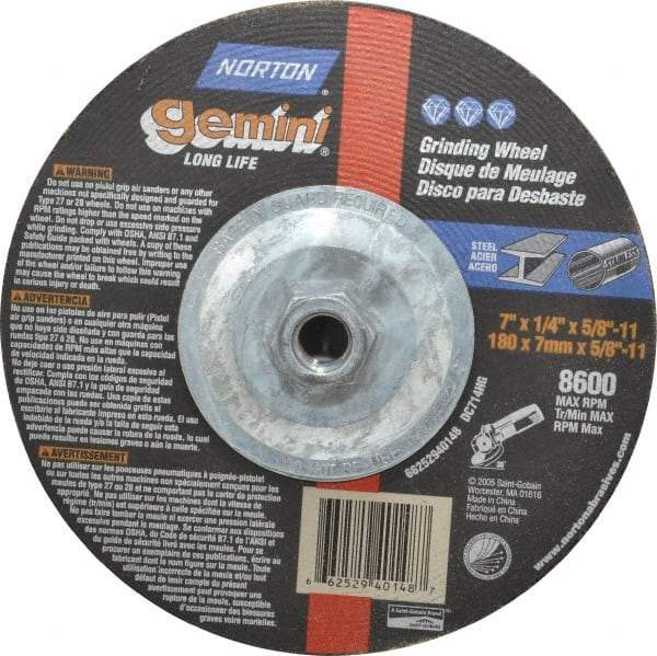 Norton - 7" Wheel Diam, 1/4" Wheel Thickness, Type 27 Depressed Center Wheel - Aluminum Oxide, 8,600 Max RPM, Compatible with Angle Grinder - Benchmark Tooling