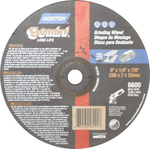 Norton - 9" Wheel Diam, 1/4" Wheel Thickness, 7/8" Arbor Hole, Type 27 Depressed Center Wheel - Aluminum Oxide, 6,600 Max RPM, Compatible with Angle Grinder - Benchmark Tooling