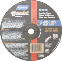 Norton - 9" Wheel Diam, 1/4" Wheel Thickness, 7/8" Arbor Hole, Type 27 Depressed Center Wheel - Aluminum Oxide, 6,600 Max RPM, Compatible with Angle Grinder - Benchmark Tooling