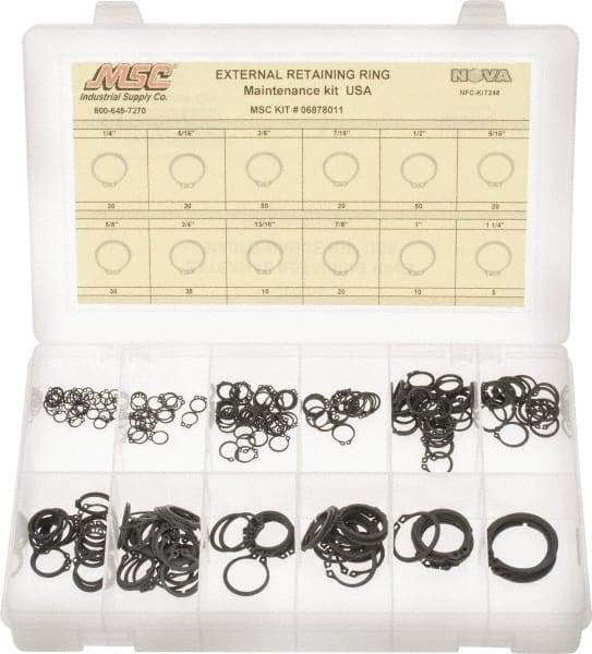 Made in USA - 300 Piece, 1/4 to 1-1/4", Steel, Snap External Retaining Ring Assortment - Includes Compartmented Case - Benchmark Tooling