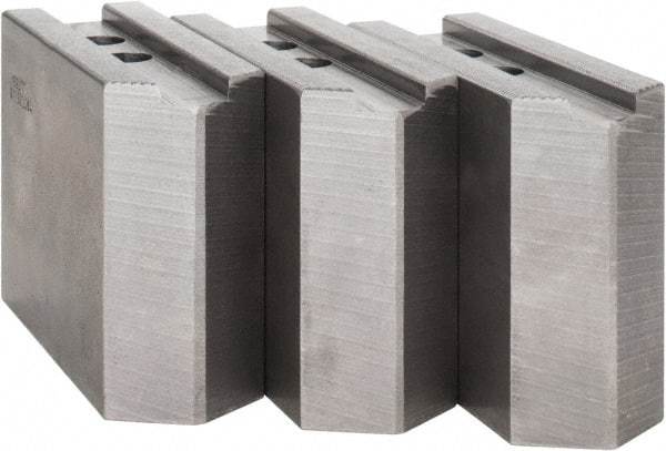 Abbott Workholding Products - 12" & Up Chuck Capacity, 1.5mm x 60° Serrated Attachment, Square Soft Lathe Chuck Jaw - 3 Jaws, Steel, 1.1811" Btw Mount Hole Ctrs, 5-1/2" Long x 2" Wide x 4" High, 0.8268" Groove, 0.6299" & 16mm Fastener - Benchmark Tooling