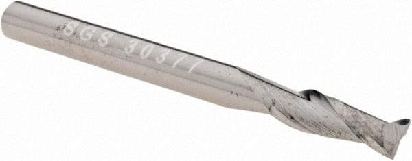 SGS - 1/8", 3/8" LOC, 1/8" Shank Diam, 1-1/2" OAL, 2 Flute, Solid Carbide Square End Mill - Single End, Uncoated, Spiral Flute, 30° Helix, Centercutting, Right Hand Cut, Right Hand Flute, Series 3 - Benchmark Tooling