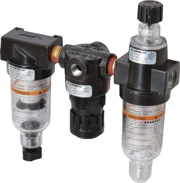 Wilkerson - 1/4" NPT Port Miniature 3 Piece Filter-Regulator-Lubricator FRL Unit - Polycarbonate Bowl, 20 SCFM, 150 Max psi, 5.98" High, Manual Drain - Benchmark Tooling
