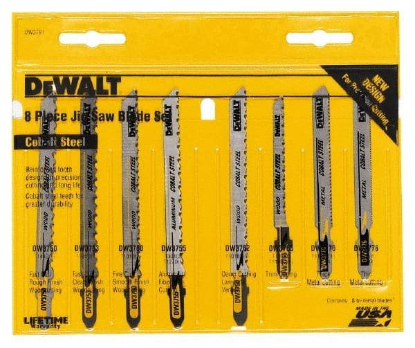 DeWALT - 8 Piece, 3" to 4" Long, 6 to 26 Teeth per Inch, Jig Saw Blade Set - T-Shank - Benchmark Tooling