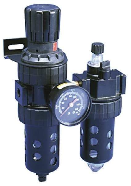 Parker - 1/2" NPT Port Standard 2 Piece Filter/Regulator-Lubricator FRL Unit - Polycarbonate Bowl, 90 SCFM, 150 Max psi, 11.76" High, Manual Drain - Benchmark Tooling
