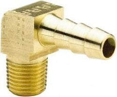 Parker - 3/8 NPTF Thread Hose Barb x Male NPT 90° Elbow - 3/8" ID Hose, Brass - Benchmark Tooling