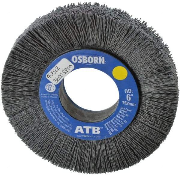 Osborn - 6" OD, 2" Arbor Hole, Crimped Nylon Wheel Brush - 1" Face Width, 1-1/4" Trim Length, 0.028" Filament Diam, 3,600 RPM - Benchmark Tooling