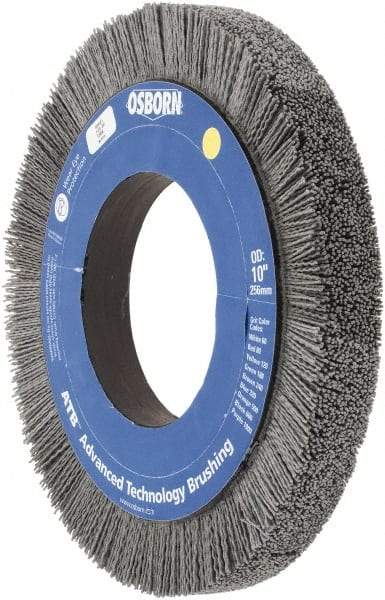 Osborn - 10" OD, 4-1/4" Arbor Hole, Crimped Nylon Wheel Brush - 1" Face Width, 1-1/4" Trim Length, 0.04" Filament Diam, 3,600 RPM - Benchmark Tooling