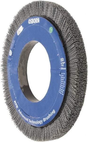 Osborn - 12" OD, 5-1/4" Arbor Hole, Crimped Nylon Wheel Brush - 1" Face Width, 1-1/4" Trim Length, 0.035" Filament Diam, 1,800 RPM - Benchmark Tooling