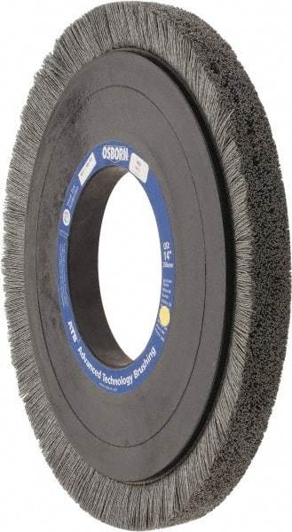 Osborn - 14" OD, 5-1/4" Arbor Hole, Crimped Nylon Wheel Brush - 1" Face Width, 1-1/4" Trim Length, 0.028" Filament Diam, 1,800 RPM - Benchmark Tooling