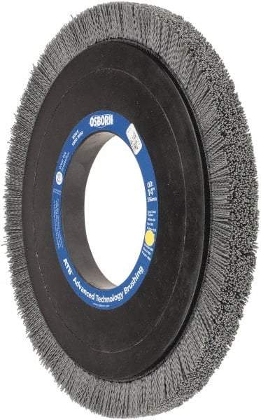 Osborn - 14" OD, 5-1/4" Arbor Hole, Crimped Nylon Wheel Brush - 1" Face Width, 1-1/4" Trim Length, 0.04" Filament Diam, 1,800 RPM - Benchmark Tooling