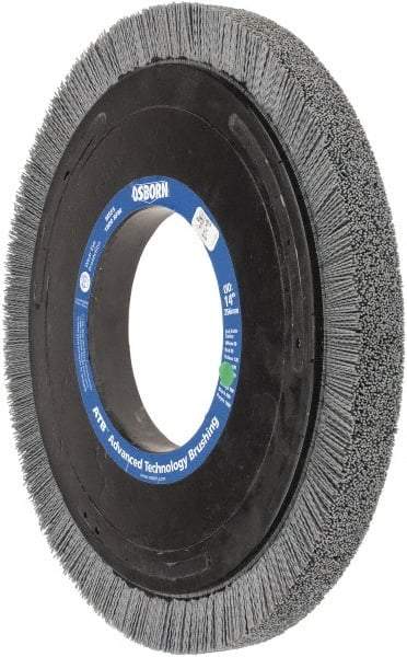 Osborn - 14" OD, 5-1/4" Arbor Hole, Crimped Nylon Wheel Brush - 1" Face Width, 1-1/4" Trim Length, 0.035" Filament Diam, 1,800 RPM - Benchmark Tooling