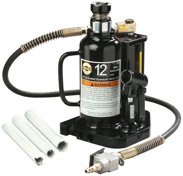 Omega Lift Equipment - 12 Ton Capacity Air-Actuated Bottle Jack - 9-1/2" to 18-1/2" High, 6" Piston Stroke, 3-1/2" Screw Length, 1-3/4" Screw Diam, 1-3/4" Plunger Diam, 6-1/2" Wide Base - Benchmark Tooling