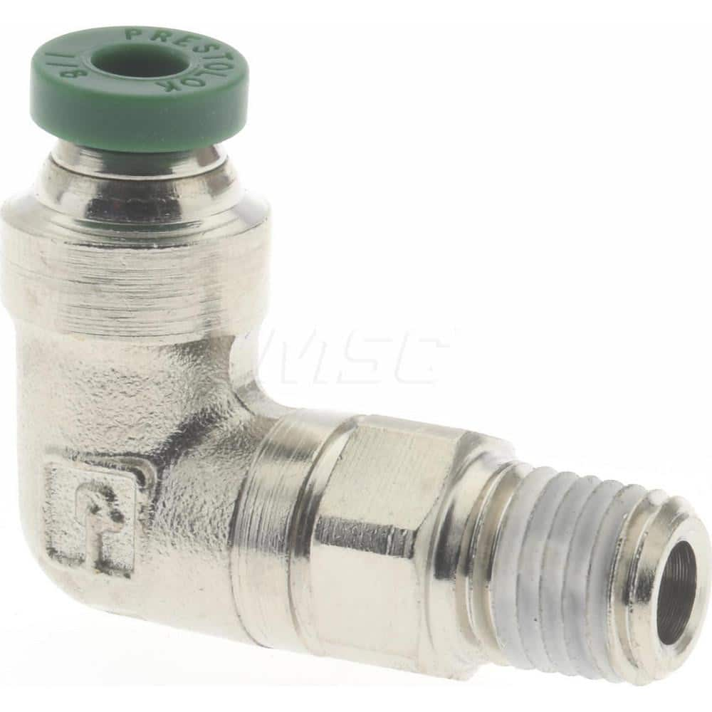 Push-to-Connect x MNPT & Tube to Male NPT Tube Fitting: Male Elbow, 1/16″ Thread, 1/8″ OD Nickel-Plated Brass, 300 psi