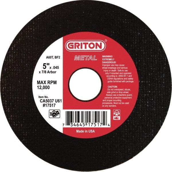 Made in USA - 5" 60 Grit Aluminum Oxide Cutoff Wheel - 0.045" Thick, 7/8" Arbor, 12,224 Max RPM, Use with Angle Grinders - Benchmark Tooling
