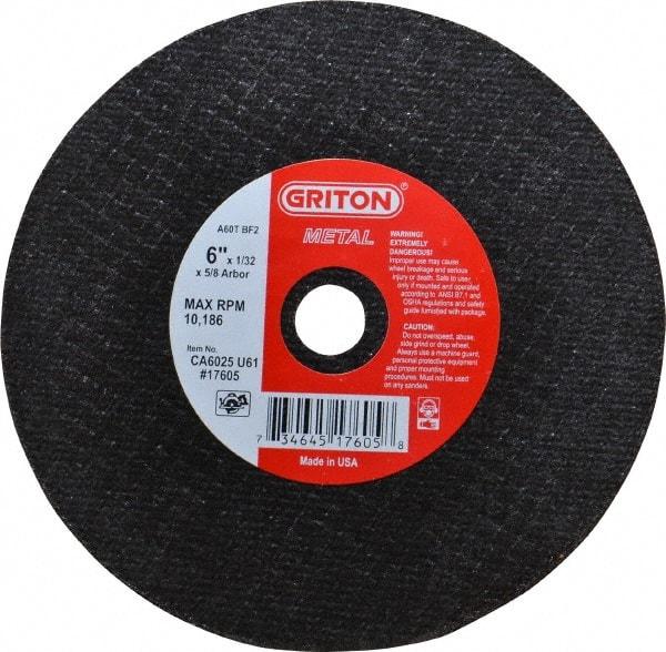 Value Collection - 6" 60 Grit Aluminum Oxide Cutoff Wheel - 1/32" Thick, 5/8" Arbor, 10,186 Max RPM, Use with Circular Saws - Benchmark Tooling
