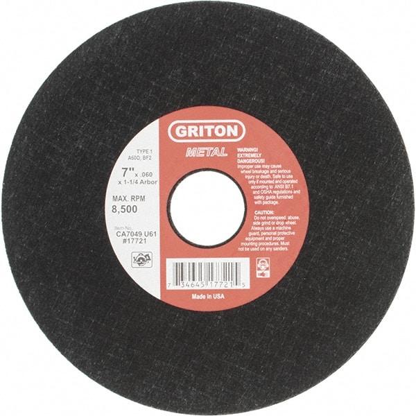Made in USA - 7" 60 Grit Aluminum Oxide Cutoff Wheel - 0.06" Thick, 1-1/4" Arbor, 8,732 Max RPM, Use with Stationary Tools - Benchmark Tooling