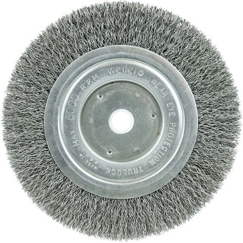 ‎6″ Narrow Face Crimped Wire Wheel, Short Trim, .014″ Steel Fill, 5/8″-1/2″ Arbor Hole - Benchmark Tooling