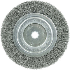 ‎6″ Narrow Face Crimped Wire Wheel, Short Trim, .014″ Steel Fill, 5/8″-1/2″ Arbor Hole - Benchmark Tooling