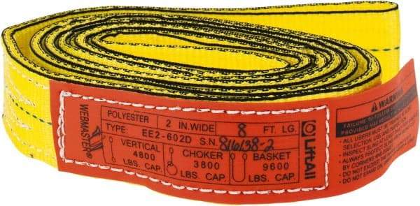 Lift-All - 8' Long x 2" Wide, 4,800 Lb Vertical Capacity, 2 Ply, Nylon Web Sling - 3,800 Lb Choker Capacity, Yellow - Benchmark Tooling