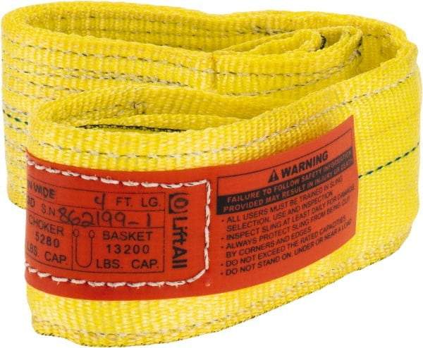 Lift-All - 4' Long x 3" Wide, 6,600 Lb Vertical Capacity, 2 Ply, Nylon Web Sling - 5,200 Lb Choker Capacity, Yellow - Benchmark Tooling