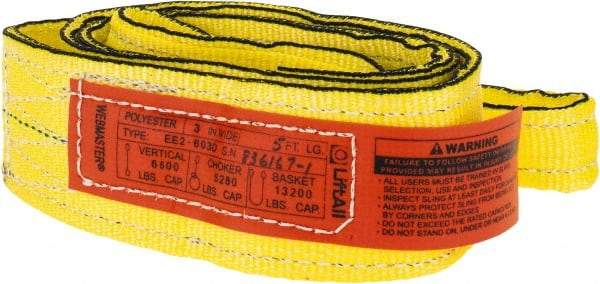 Lift-All - 5' Long x 3" Wide, 6,600 Lb Vertical Capacity, 2 Ply, Nylon Web Sling - 5,200 Lb Choker Capacity, Yellow - Benchmark Tooling
