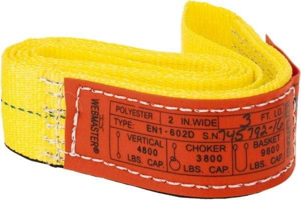 Lift-All - 3' Long x 2" Wide, 4,800 Lb Vertical Capacity, 1 Ply, Nylon Web Sling - 3,800 Lb Choker Capacity, Yellow - Benchmark Tooling