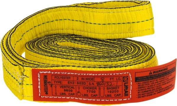 Lift-All - 8' Long x 2" Wide, 9,600 Lb Vertical Capacity, 2 Ply, Nylon Web Sling - 7,700 Lb Choker Capacity, Yellow - Benchmark Tooling