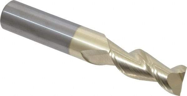 Accupro - 13/32", 1" LOC, 7/16" Shank Diam, 2-3/4" OAL, 2 Flute, Solid Carbide Square End Mill - Single End, ZrN Finish, Spiral Flute, 45° Helix, Centercutting, Right Hand Cut, Right Hand Flute - Benchmark Tooling
