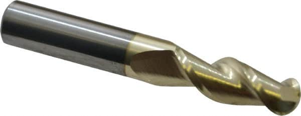 Accupro - 3/8" Diam, 1" LOC, 2 Flute Solid Carbide Ball End Mill - ZrN Finish, Single End, 2-1/2" OAL, 3/8" Shank Diam, Spiral Flute - Benchmark Tooling