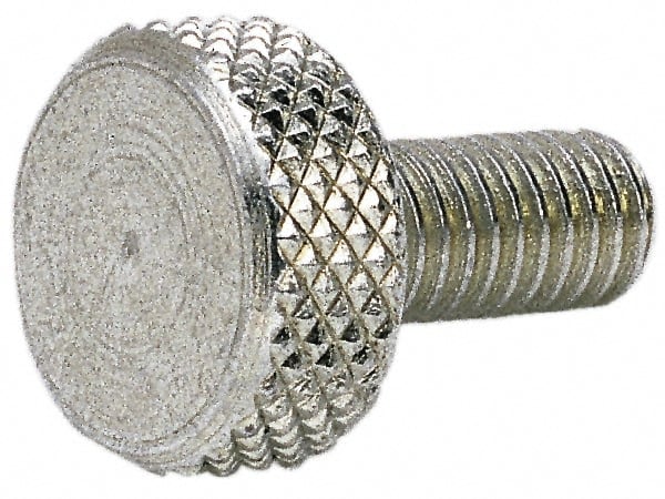 Electro Hardware - #10-32 Knurled Shoulderless Grade 1 & F Brass Thumb Screw - 9/16" OAL, 7/16" Head Diam x 3/16" Head Height, Nickel-Plated Finish - Benchmark Tooling