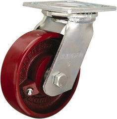 Hamilton - 5" Diam x 1-1/2" Wide x 6-1/8" OAH Top Plate Mount Swivel Caster - Cast Iron, 550 Lb Capacity, Straight Roller Bearing, 4 x 4-1/2" Plate - Benchmark Tooling