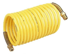 Coilhose Pneumatics - 1/4" ID, 1/4 Thread, 50' Long, Yellow Nylon Coiled & Self Storing Hose - 185 Max psi, Male Rigid x Male Swivel - Benchmark Tooling