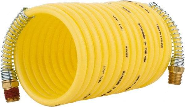 Coilhose Pneumatics - 1/4" ID, 1/4 Thread, 12' Long, Yellow Nylon Coiled & Self Storing Hose - 185 Max psi, Male Rigid x Male Swivel - Benchmark Tooling