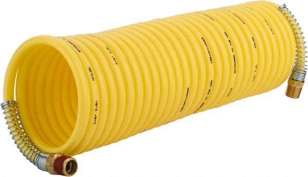 Coilhose Pneumatics - 1/4" ID, 1/4 Thread, 25' Long, Yellow Nylon Coiled & Self Storing Hose - 185 Max psi, Male Rigid x Male Swivel - Benchmark Tooling