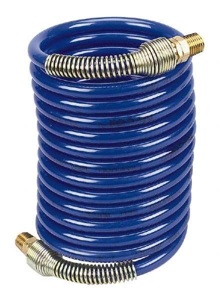 Coilhose Pneumatics - 1/4" ID, 1/4 Thread, 12' Long, Blue Nylon Coiled & Self Storing Hose - 220 Max psi, Male Swivel x Male Swivel - Benchmark Tooling