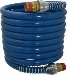 Coilhose Pneumatics - 3/8" ID, 3/8 Thread, 12' Long, Blue Nylon Coiled & Self Storing Hose - 230 Max psi, Male Swivel x Male Swivel - Benchmark Tooling