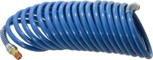 Coilhose Pneumatics - 3/8" ID, 3/8 Thread, 25' Long, Blue Nylon Coiled & Self Storing Hose - 230 Max psi, Male Swivel x Male Swivel - Benchmark Tooling