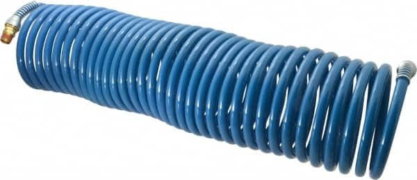 Coilhose Pneumatics - 3/8" ID, 3/8 Thread, 50' Long, Blue Nylon Coiled & Self Storing Hose - 230 Max psi, Male Swivel x Male Swivel - Benchmark Tooling