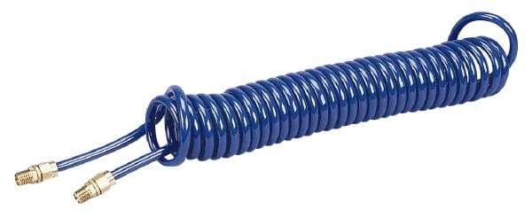 Coilhose Pneumatics - 1/4" ID, 1/4 Thread, 25' Long, Blue Polyurethane Coiled & Self Storing Hose - 125 Max psi, Male Swivel x Male Swivel - Benchmark Tooling